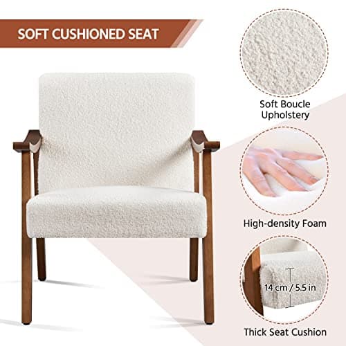 Yaheetech Fabric Accent Chair, Mid-Century Modern Armchair with Solid Wood Legs, Reading Leisure Chair with High Back for Living Room Bedroom Waiting Room,Ivory 7