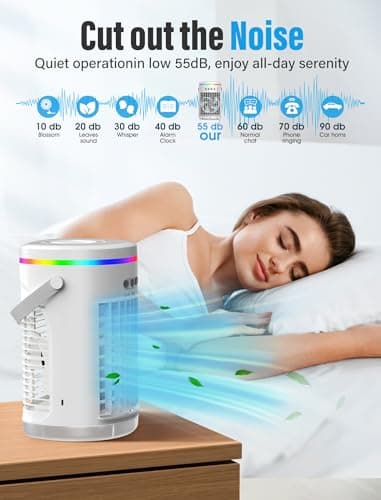 Portable Air Conditioners Fan, 3 Speeds Evaporative Mini Air Conditioner with 7 Colors Light,1400ml Personal Air Conditioner, Portable AC Air Cooler with Humidifier for Room Bedroom Office Desk 6