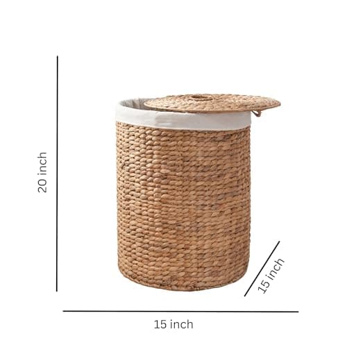 Round Handwoven Laundry Basket with Lid, 15 x 15 x 20 in – Water Hyacinth Wicker Hamper for Bedroom, Nursery & Laundry Room 5