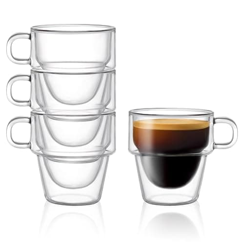 JoyJolt Stoiva Double Wall Insulated Espresso Glass Cups – 5 oz. (150 ml) Shot Cup with Handle – Stackable Thermal Clear Glass Cups, Fit for Espresso Machine and Coffee Maker – Set of 4