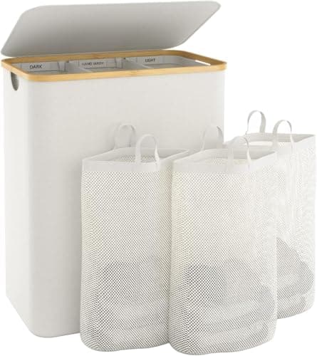 Extra Large 3 Section Dirty Clothes Laundry Basket with Lid, Dirty Clothes Hampers with Removable Bags for Bedroom and Laundry Room, Beige