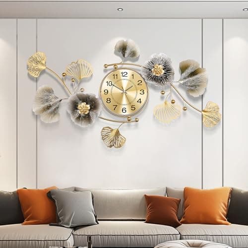 Axioglo Wall Clocks for Living Room Decor,Large Wall Clock,3D Creative Metal Ginkgo Leaf Design,with Silent Movement Wall Clocks for Home Wall Decor Clock（33"x18"）
