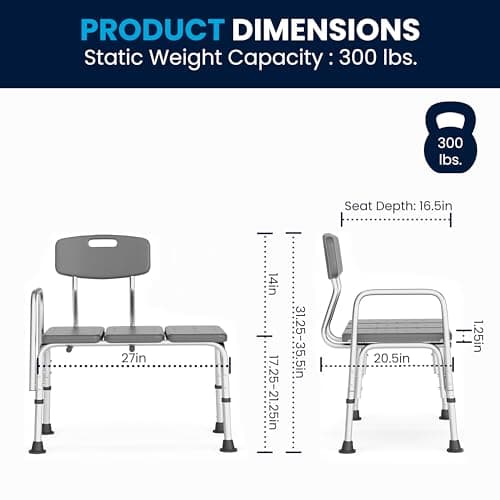 Flash Furniture HERCULES Series 300 Lb. Capacity Adjustable Gray Bath & Shower Transfer Bench with Back and Side Arm 9