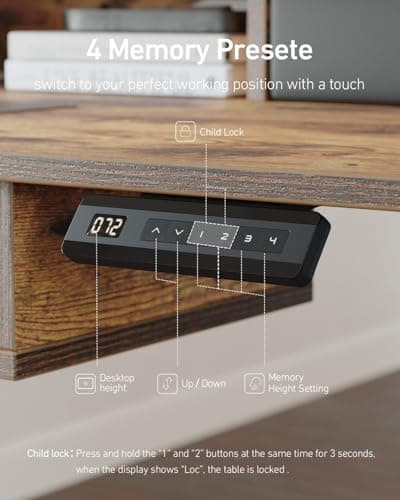 FEZIBO 55 x 30 inch Standing Desk with Drawers, Height Adjustable Electric Workstation, Computer Sit Stand Up Table with Large Storage Shelf 4 Drawers and 2 Hooks, Rustic Brown 8