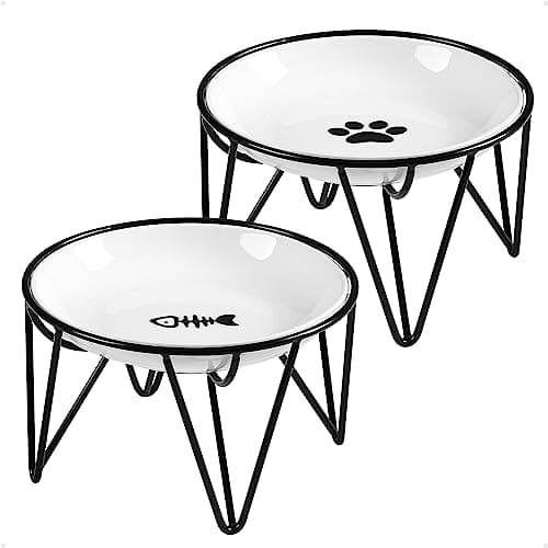 Kitwinney Ceramic Cat Bowls, 2 Pack - Raised, Whisker Friendly, Anti-Vomiting Cat Food Plates - Hygienic, Secure Material, Elegant Stand, 10 oz, for Indoor Cats & Kittens