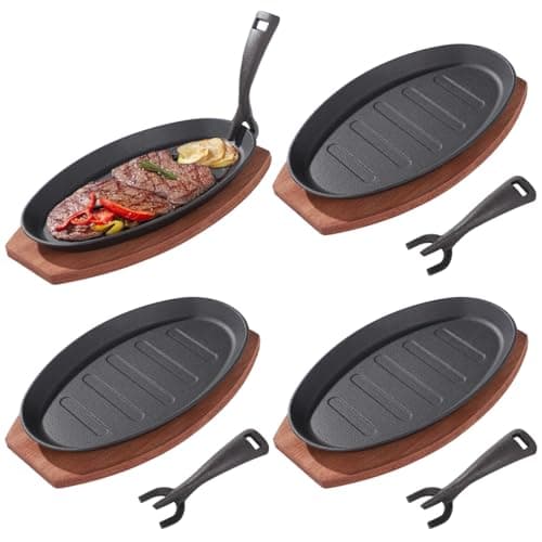 Toyosport 4 Sets Cast Iron Skillet with Wooden Tray, Fajita Skillet with Removable Handle, Oval Sizzling Plate for BBQ, Oven, Stove, Serving Dish for Restaurant, Kitchen, Party Use