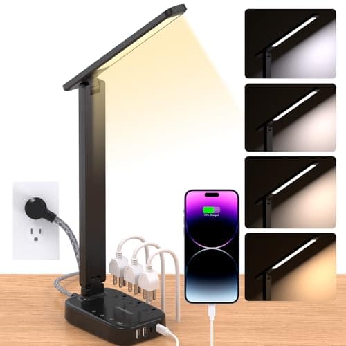 Power Strip with LED Desk Lamp, 3 Outlets 4 USB Ports(2 USBC) 4 Modes 5 Level Touch Lamp Small Desk Lamp for Home Office Bedroom Bedside, Study Reading Light, 5ft Extension Cord, Dorm Room Essentials