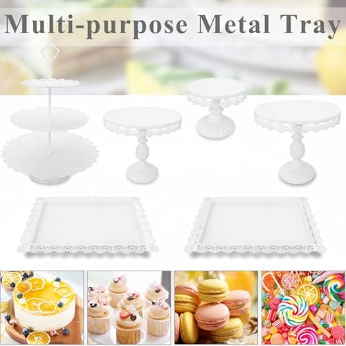 JALANCY Set of 9 Cake Stands Metal Cupcake Stand Set Multiple Styles Candy Fruit Display Tower Dessert Plate Cake Serving Tray for Birthday Party Wedding Anniversary Baby Shower Engagement (White) 6