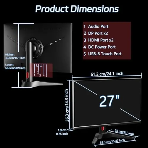 Pisichen Touchscreen Gaming Monitor 27 Inch 4K UHD(3840x2160) IPS Computer Monitor, 60Hz, Ultra-Thin Bezel, HDMI, DisplayPort, 400 cd/㎡, VESA, Tilt Adjustable 7
