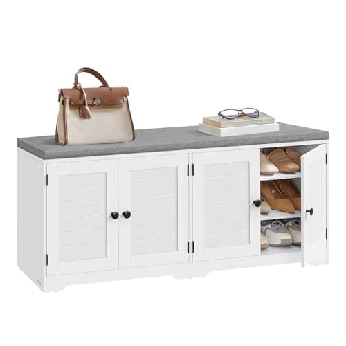 VASAGLE Shoe Storage Bench with Cushion, 3-Tier Entryway Bench with Padded Seat, Doors, Adjustable Shelves, 14 x 47.6 x 20.7 Inches, for Hallway, Bedroom, Cloud White and Dove Gray ULSB048WB01