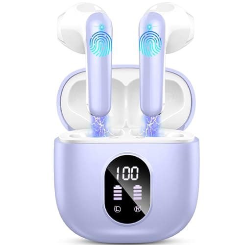 Wireless Earbuds, Bluetooth 5.4 Headphones 50H Playback Bass Stereo Ear Buds with 4 ENC Cancelling Mics, Bluetooth Earbuds Dual LED Display IP7 Waterproof in-Ear Earphones USB-C for Android iOS Purple