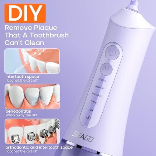 SEAGO Water Dental Flosser Cordless for Teeth, 5 Modes and 7 Nozzles, Dental Water Flosser 300mL, DIY Mode Memory Function, IPX7 Waterproof Dental Flosser, SG8019 Purple 5
