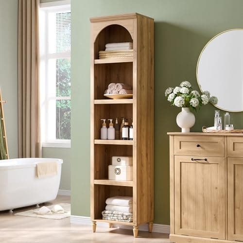 IFGET 76" Tall Arched Bookcase, Farmhouse 5 Tiers Narrow Arched Bookshelf Cabinet with Adjustable Shelves, Modern Wooden Book Shelf w/Storage and Open Display Shelves for Living Room, Office-Natural 5
