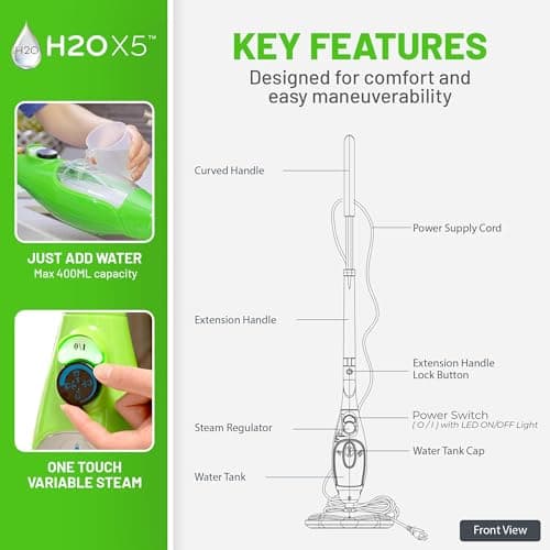 H2O X5 5-in-1 Multi-Purpose Steam Mop, Handheld Steam Cleaner, Adjustable Height, Removable Tank, Large Capacity, Rapid Heat Up, Steam Control, Lightweight, High Pressure 9