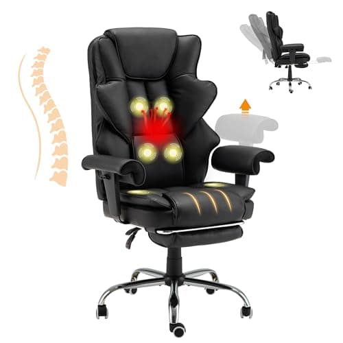 HOMREST 6-Point Massage Office Chair,Heating Executive Chairs,Ergonomic Home Office Desk Chairs with Retractable Footrest and Reclining Function,Leather Computer Chair with Adjustable Armrest(Black)