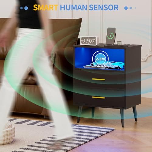 LVSOMT 20'W Fluted Nightstand, Night Stand with Charging Station and LED Lights, RFID Lock Hidden Drawer, Mid Century Morden Bedside Table for Bedroom, 2 Drawers and Open Storage Cubby, Black 5