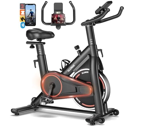 Exercise Bike, SLUNSE Brake Pad Stationary Bike for Home with App Compatible, Quiet Indoor Cycling Bike with 350lbs Weight Capacity Comfortable Seat, Digital Monitor for Home Gym Cardio Equipment