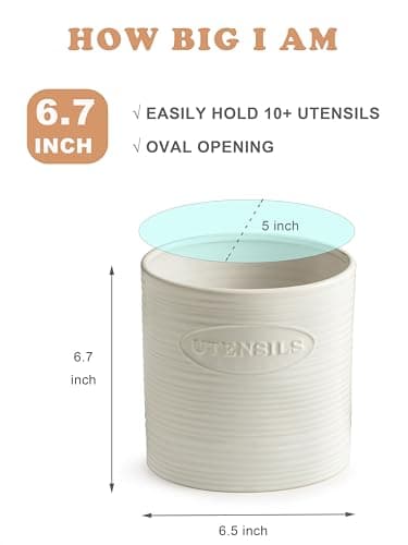 YHOSSEUN Utensil Holder for Kitchen Counter, Ceramic Cooking Utensil Holder for Countertop, 6.7in Oval Utensil Crock Spatula Holder Farmhouse Kitchen Decor, White 6