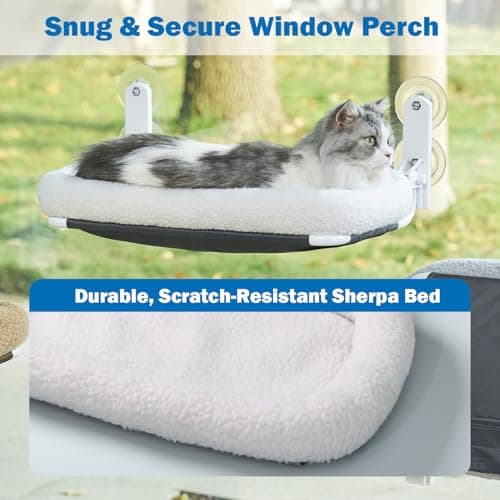 Zakkart Foldable Cat Hammock for Window - Cordless, Embeded Machine Washable Bed, Robust Metal Frame - Cat Window Perch for Large Cats and Kittens (White Bolster Bed, Medium) 6