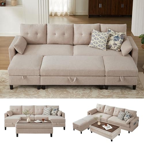 Pingliang Home 101" Convertible Sectional Sofa with Ottoman Coffee Table, Modern Linen Fabric U-Shaped Couch with Storage Pocket, 4 Seat Sofa Couches for Living Room, Apartment, Office, Beige