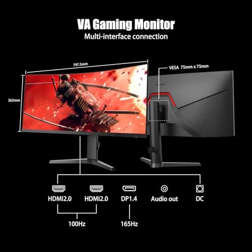 KOORUI 34 inch ultrawide Curved Monitor Gaming Monitor 165hz 1ms HDR400 WQHD (3440X1440) 21:9 R1000 DCI-P3 90% Color Gamut FreeSync Borderless Design Eye Cared 5