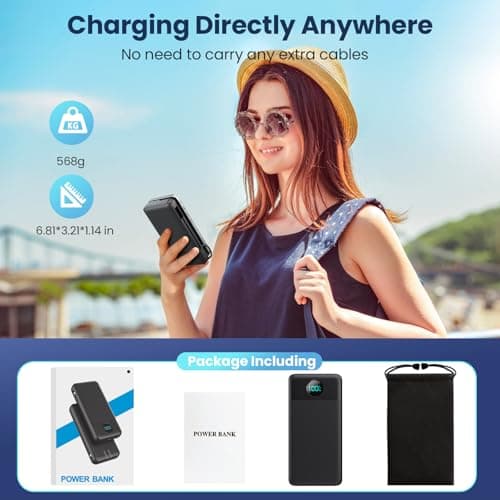 Portable Charger 33800mAh USB C Power Bank with Built-in Cables & AC Wall Plug,25W Fast Charging+QC 4.0 Phone Charger,4 Output Travel Essentials Battery Pack for iPhone16/15/14/13,Samsung,Android etc 6