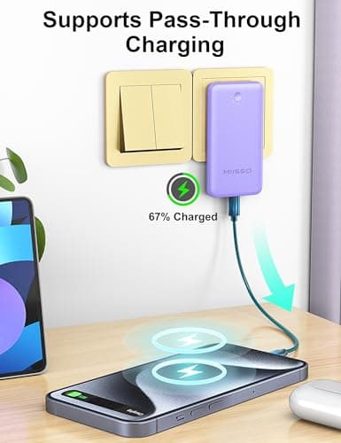 miisso Ultra Slim 10000mAh Power Bank Built-in Cables and Foldable AC Wall Plug, Pocket Size USB C Portable Charger, External Battery Pack Compatible with iPhone Samsung, Purple 6