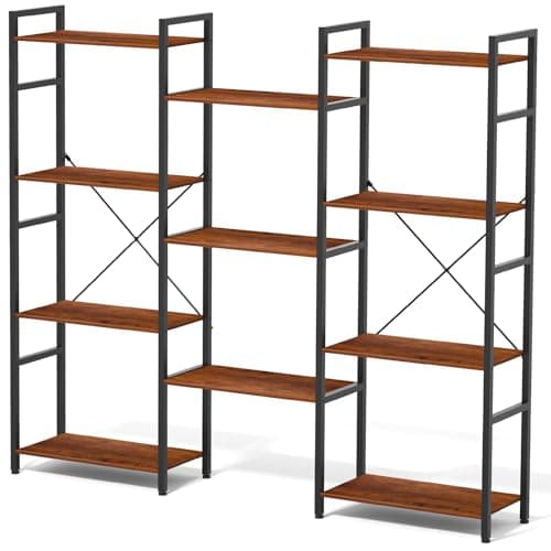 Zhitians Triple Wide 4-Tier Industrial Bookshelf - Rustic Brown Wood and Black Metal Bookcase with 11 Open Shelves, Adjustable Feet, Easy Assembly for Home and Office