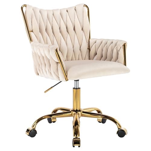 Westice Velvet Desk Chair, Home Office Gold Comfy Chair with Hand Woven Back, Height Adjustable Swivel Chair with Comfy Upholster for Makeup Vanity Living Room Bedroom, Beige