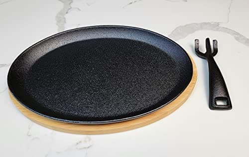 HAWOK Cast Iron Fajita Skillet Japanese Steak Plate with Handle and Bamboo Tray 5