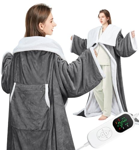 Wearable Heated Blanket Electric Snuggle with Foot Pocket/Sleeves, 59x70 Inch Heated Throw Blanket with for Women Men Adults, Super Soft Flannel & Sherpa Blanket Warmer for Home Office, Gray