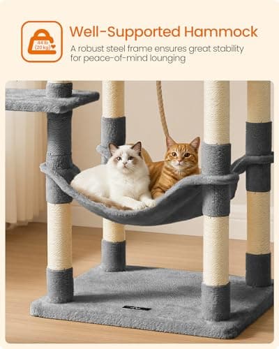 Feandrea Cat Tree, 56.3-Inch Cat Tower, Multi-Level Plush Condo with 11 Scratching Posts, 2 Perches, Hammock, Cave, Light Gray UPCT15W 6