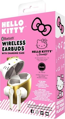Hello Kitty Bluetooth Wireless Earbuds with Charging Case - Built-in Mic, Easy Pairing, Cute Design, Gold and White, Perfect for Kids, Teens Fans 6