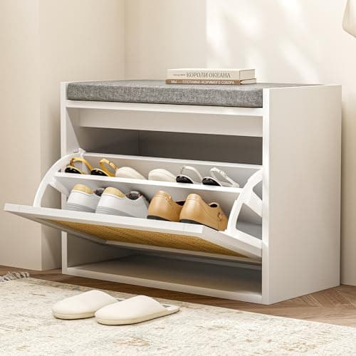 ZttRiee Rattan Shoe Storage Bench with Seat Cushion & Flip-Drawer, Shoe Cabinet for Entryway, Playroom, Bathroom, White, 11.8 x 23.8 x 19.1 Inches