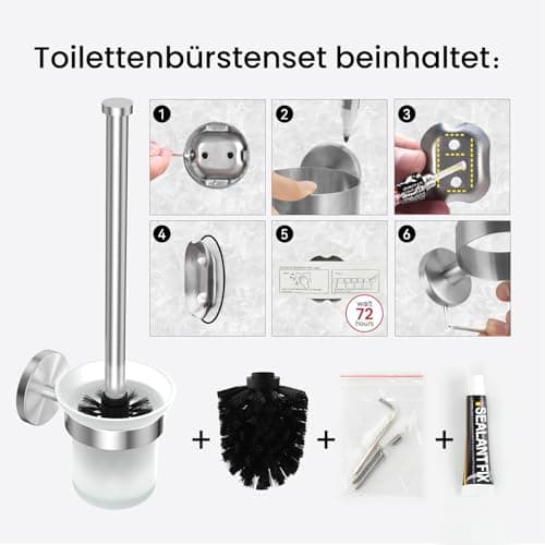 Dailyart Toilet Bowl Brush Holder Set: Deep Cleaning Toilet Brush - Bathroom Accessories Stainless Steel & Glass Toilet Cleaner Brush - No Drilling Wall Mounting Toilet Cleaner Brush with 2 Brushes 7