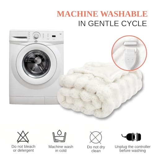 Electric Heated Blanket Throw 50"x60" White Ultra Soft Luxury Fluffy Faux Rabbit Fur Machine Washable 6 Heat Settings 4 Hours Auto Off Overheat Protection for Home Office Use 7