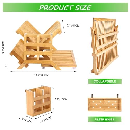 NOVAYEAH Bamboo Dish Drying Rack with Utensil Holder, Collapsible Wooden Dish Drainer Rack, 3-Tier Large Folding Drying Holder for Kitchen Counter 51 pcs Grid 5