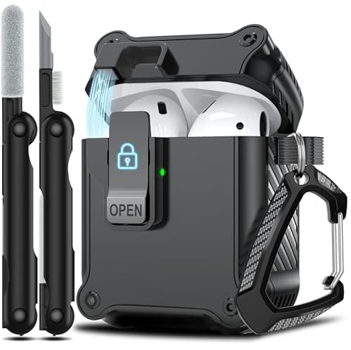 RFUNGUANGO for Airpods 2nd and 1st Generation Protective Cases Automatic Pop-up with Safety Lock Clip, Full Body Shockproof Hard Case with Keychain (Cleaning Tool) - Black