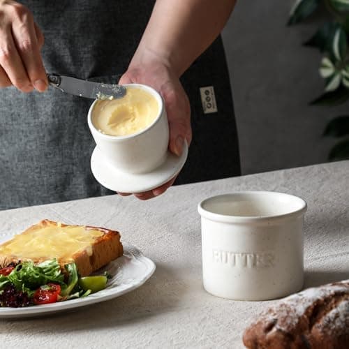 Butter Crock with Lid for Countertop - Ceramic French Butter Dish for Spreadable Soft Butter, Butter Container Holder with a Water Seal, Housewarming Gift, Kitchen and Home Decor, Speckled White 4