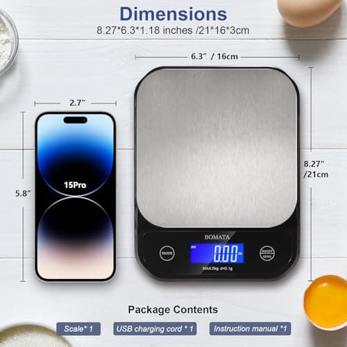 BOMATA Waterproof Kitchen Scale, 0.1g/0.01oz High Precision, 5kg/11lb, Washable, USB Rechargeable, Digital Scale for Food,Cooking, Baking, Weight Loss Black 5