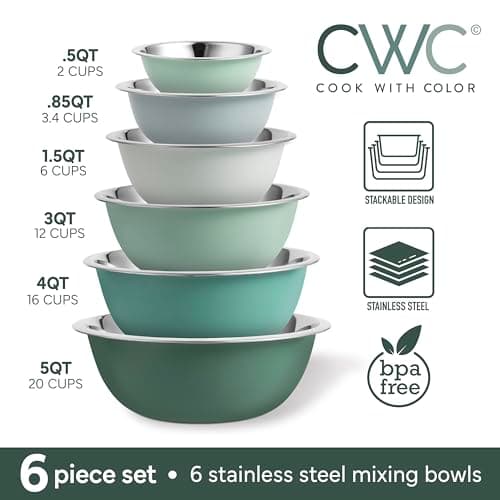 COOK WITH COLOR Stainless Steel Mixing Bowls Set - Nesting Bowls, 6 Pieces, Green 2