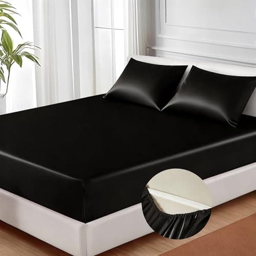 MR&HM Satin Fitted Sheet King Size, Silky Bottom Sheet with Elastic Corner Straps, Deep Pocket up to 15 Inch, No More Slipping Off for Mattress - 1 Fitted Sheet Only (Black)