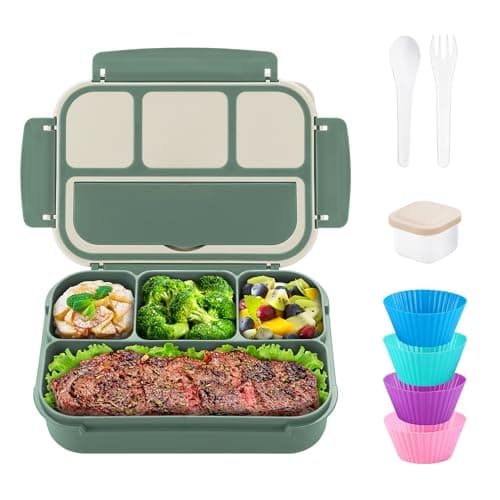 QQKO Bento Box Adult Lunch Box, Bento Box for Kids, 1200 ML Lunch Containers for Adults, Food Storage Container With 4 Compartments, Leak-Proof, Microwave, Dishwasher Safe, Green