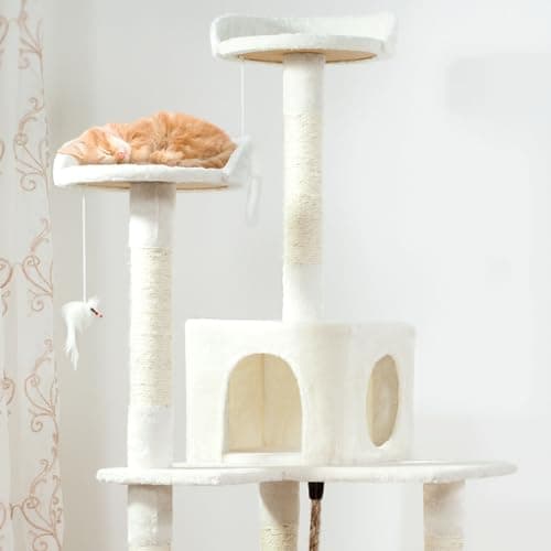 Cat Tree - 6-Foot Cat Tower for Indoor Cats with Napping Perches, Kitty Condo, 9 Cat Scratching Posts, 2 Hanging Toys, and Rope by PETMAKER (Ivory) 7