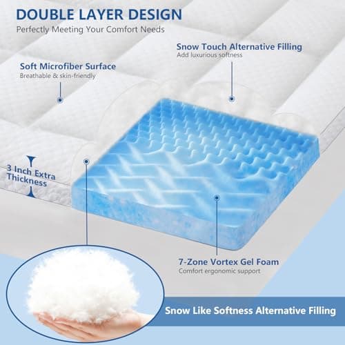 KAYFIA Mattress Topper Full with Dual Layer 3 Inch Memory Foam, 2 Inch Cooling 7-Zone Gel Memory Foam Plus 1 Inch Down Alternative Pillow Top Mattress Topper,Deep Pocket, Support for Back Pain Relief 2