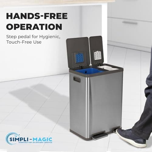 Simpli-Magic 16 Gallon (38L x 22L) Dual Compartment Step Trash Can – Kitchen Garbage Can with Waste & Recycling Bins – Slow-Close Lid, Odor Control, Hands-Free, Easy to Clean, Brushed Stainless Steel 5