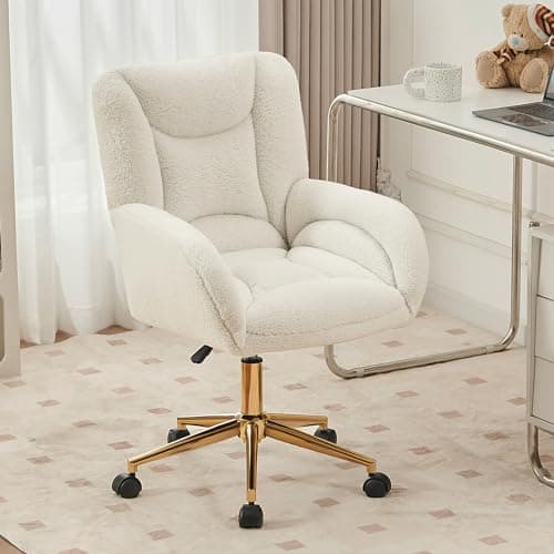 FOXHUNTER Vanity Chair with Ergonomic Back & Wheels, 360° Swivel Accent Chair, Adjustable Height Home Office Chair for Living Room, Bedroom (Teddy,White)