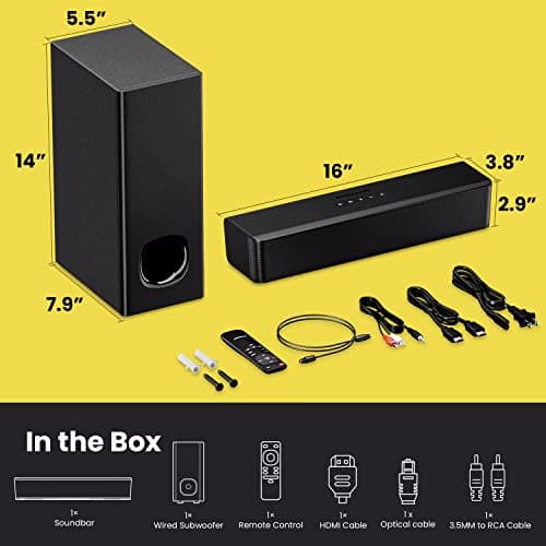 PHEANOO 2.1 Compact Sound Bars for TV with Subwoofer, HDMI ARC/Bluetooth 5.0/Optical/AUX/RCA Connection, Remote Control, Adjustable Bass, Wall Mountable – P15, 140W, 16 inch, Black 6