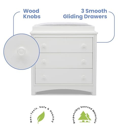 Delta Children Perry 3 Drawer Dresser with Changing Top and Interlocking Drawers, Bianca White 6