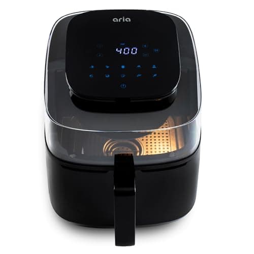 Aria 6Qt Panoramic Air Fryer, 180-Degree All-Around View, Generous Cooking Capacity, Modern Touch Screen Interface, 10 Tailored Presets, and Dishwasher-Safe Basket.